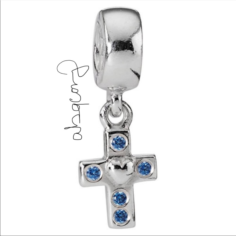 EUC Pandora 790355CZB Sterling Silver Cross Dangle Charm w/ Blue Zirconia